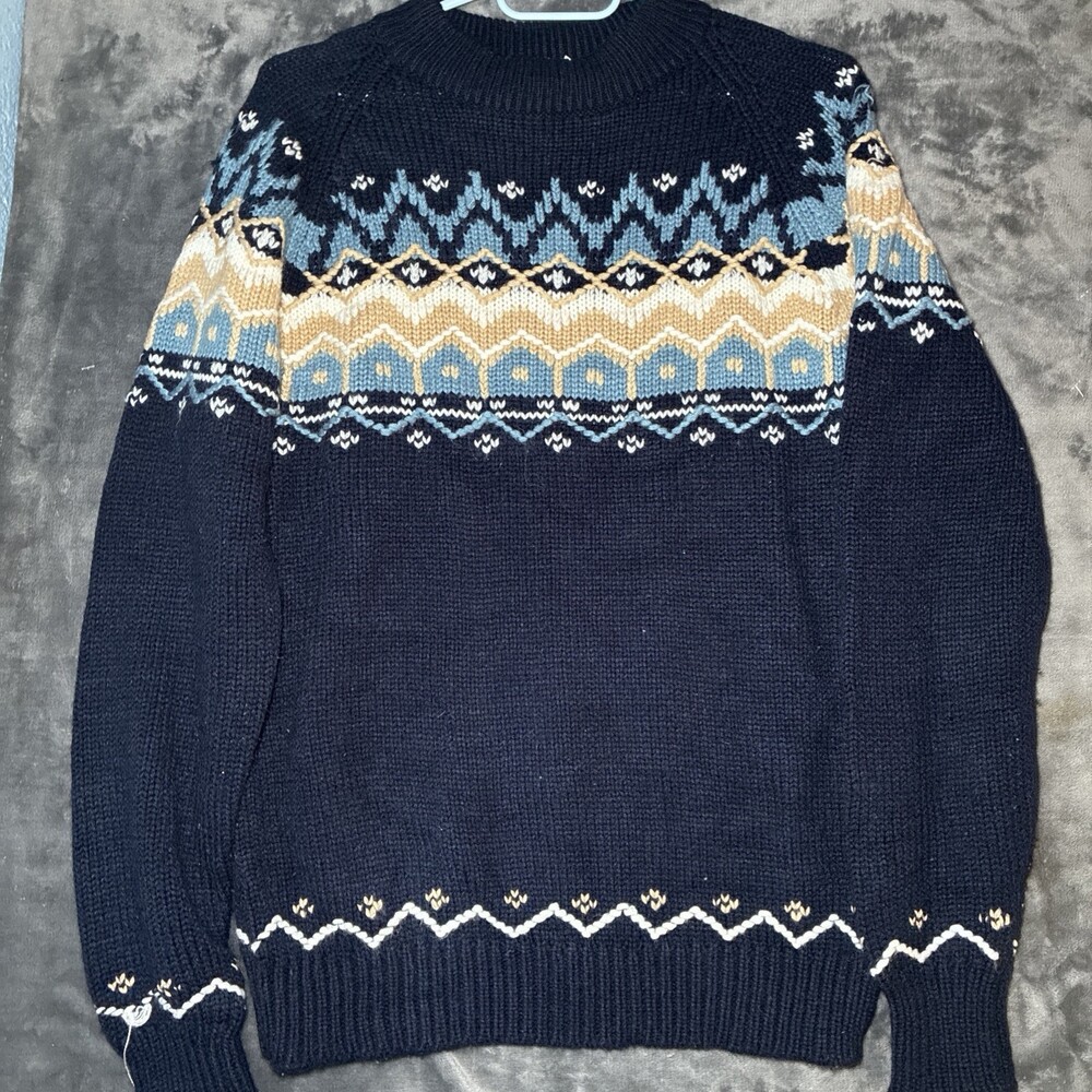 Vintage Men’s Store Sweater Mens Medium Navy Blue Nordic Fair Isle Pullover 70s